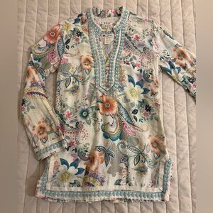 Malvin Hamburg Germany I Love Linen Floral Top Embroidered Trim Sz S